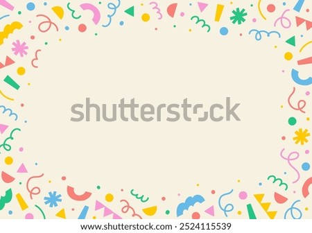 Abstract horizontal frame of multicolored geometric shapes, lines, confetti on light background, hand drawn illustration, flat style, copy space