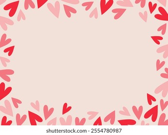 Abstract horizontal frame of multicolored hearts, confetti on light background, Valentine's Day frame, hand drawn illustration, copy space, flat style