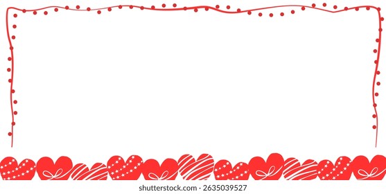 Abstract horizontal frame of red hearts on white background, Valentine's Day frame, hand drawn illustration, copy space, flat style.