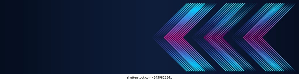 Abstract horizontal futuristic technology banner with glowing blue pink geometric lines pattern. Modern shiny 3d arrow shape on dark background.