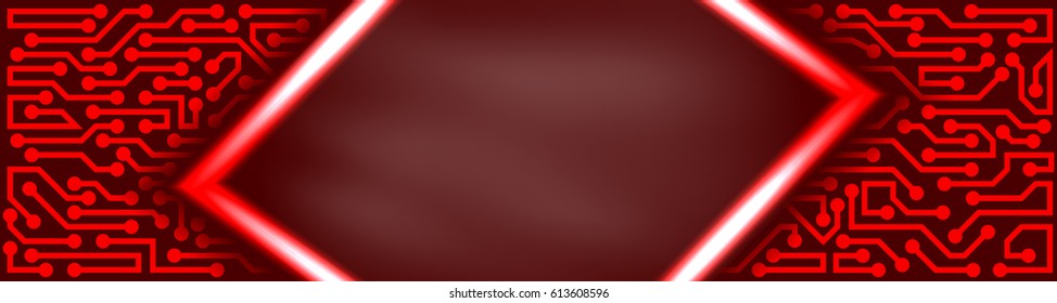 Abstract horizontal futuristic technology banner with circuit board elements of red shades