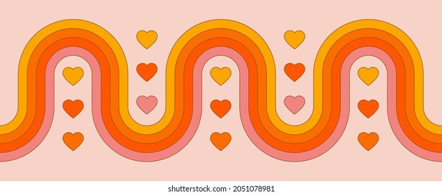 Abstract horizontal geometric colorful poster. Rainbow and hearts. Creative minimal cartoon style. Pastel colors. Trendy design for wallpaper, wall decor, card, print, pattern. Vector illustration