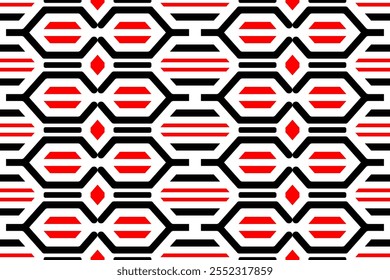 Abstractas diseño geométrico Horizontal rojo, negro y blanco. Ilusión óptica ejecutada en forma de pirámides inusuales. Estilo opt art. Fondo sin fisuras. Para la cubierta, envoltura, diseño de patrón textil.