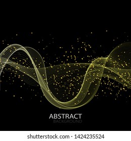 
Abstract horizontal golden elegant wave with particles of golden dust on a black background
