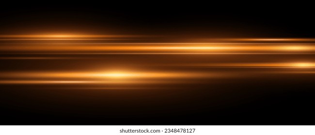 Resumen de las luces de oro horizontales. Efecto de haz aleatorio sobre el fondo negro. Lágrima luminosa. Ilustración vectorial. EPS 10.