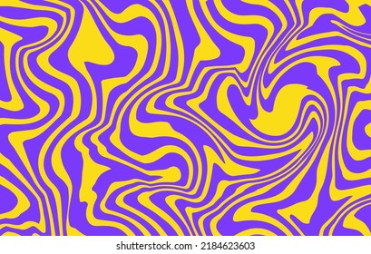 Abstract  horizontal groovy background with colorful distorted waves. Trendy vector illustration in style retro 60s, 70s. Blue and yellow colors