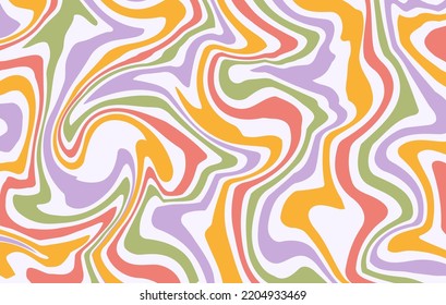 Abstract horizontal groovy background with colorful distorted waves. Trendy vector illustration in style retro 60s, 70s. Pastel colors