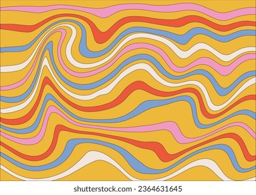 Abstract horizontal groovy background with colorful asymmetrical waves. Trendy vector illustration in style retro 60s, 70s. Pastel colors with contour lines.