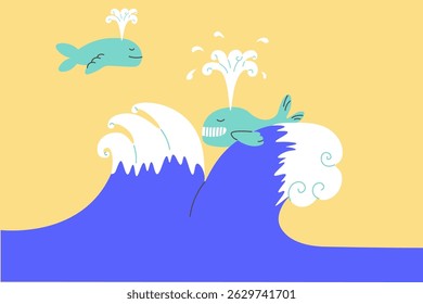 abstract horizontal illustration with flying whales over the sea waves in doodle style. Template for print background postcard banner backdrop