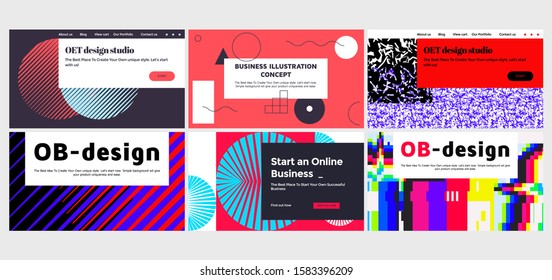 Abstract Horizontal Landing Page Design Set. Universal Vector Geometric Backgrounds Templates For Websites, Apps