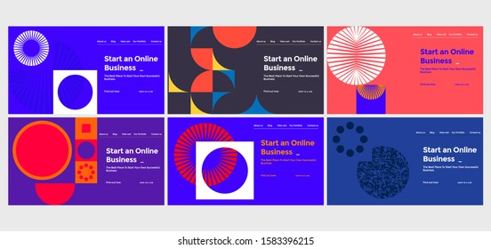Abstract Horizontal Landing Page Design Set. Universal Vector Geometric Backgrounds Templates For Websites, Apps