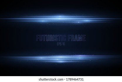Abstract horizontal light frame made of blue glowing neon lines. Vector illustration. Futuristic scanner effect with flying sparkles particles. Footage template for your project. EPS 10.