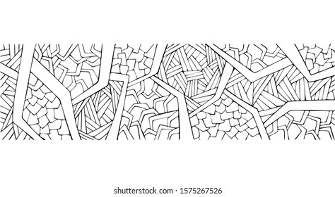 Abstract horizontal line drawing border with middle pattern on white isolated background. Good for coloring book page.