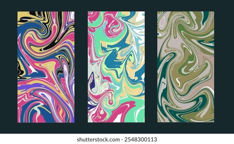 Fundo de mármore horizontal abstrato com ondas coloridas. Ilustração vetor na moda em estilo retro 60s, 70s