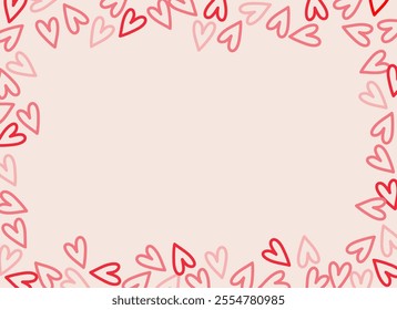 Abstract horizontal minimal сute frame of multicolored outline hearts, confetti on light background, Valentine's Day frame, hand drawn illustration, copy space, flat style