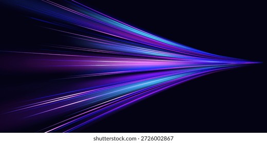 Abstractas movimiento Horizontal con líneas brillantes de neón, composición vibrante de rayas de luz de movimiento rápido que se estrechan hasta un punto, simbolizando la velocidad de deformación, la aceleración y el flujo de energía rápido.