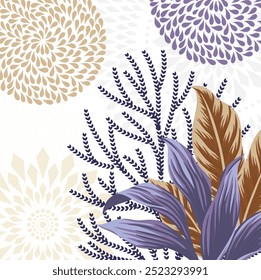 Abstract Horizontal Pattern with Leaves and differrent shapes. Vector Background.