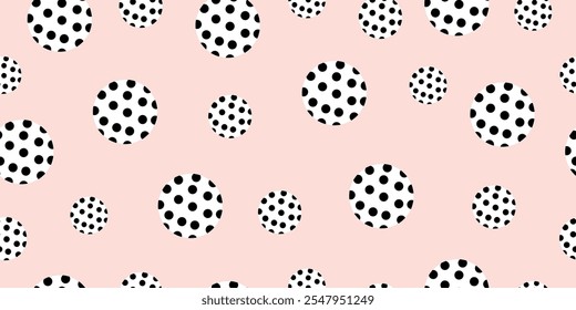 Abstract horizontal pattern. Seamless patterned background with white circles and black dots. Flat vector illustration.