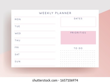 Abstract horizontal planner in feminine pink, rose pastel colours.Daily, weekly, monthly overlay template.Horizontal notebook page with space for notes and goals.Vector design.Paper sheet size A4.