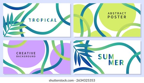 Cartazes horizontais abstratos ou capas com design moderno com formas onduladas e linhas. Verão brilhante e suculento conjunto de cartões. Modelos vetoriais para celebração, anúncios, capa, cartaz, vendas


