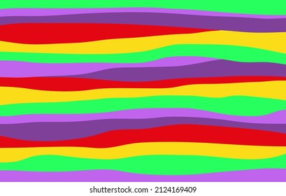 Abstract horizontal psychedelic background with bright acid wavy stripes. Trendy vector illustration in style hippie 60s, 70s. 