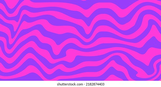 Resumen de fondo psicodélico horizontal con coloridas olas. Ilustración vectorial de moda en estilo retro 60, 70. Colores rosa y púrpura