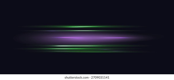 Abstract horizontal purple and green motion light rays on dark background. Speed concept. Vector illustration for banner, poster, wallpaper