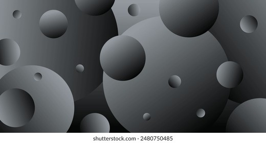 Abstract horizontal rectangular background with black and gray gradient bubbles. Minimalistic geometric background in dark asphalt colors with circles. Trendy volumetric 3d balls background design.