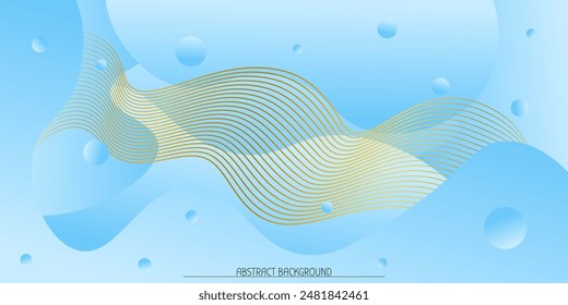 Abstract horizontal rectangular background with blue gradient bubbles, spots, gold wave lines. Minimalistic background in bright blue colors with circles. Trendy volumetric 3d background design.