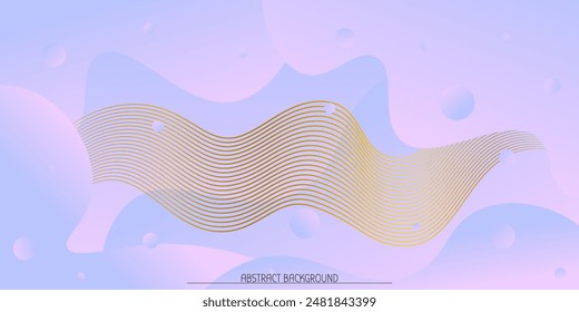 Abstract horizontal rectangular background with blue-pink gradient bubbles, spots, gold wave lines. Minimalistic background in bright pink colors with circles. Trendy volumetric 3d background design.