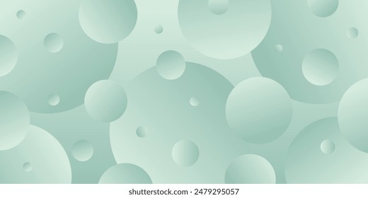 Abstract horizontal rectangular background with cold light green gradient bubbles. Minimalistic geometric background in soft green colors with circles. Trendy volumetric 3d balls background design.