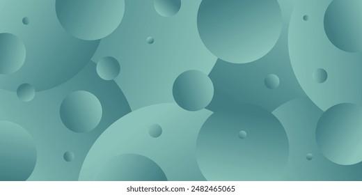 Abstract horizontal rectangular background with cold green gradient bubbles. Minimalistic geometric background in soft green colors with circles. Trendy volumetric 3d balls background design.