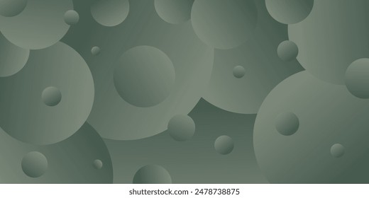Abstract horizontal rectangular background with gray green gradient bubbles.Minimalistic geometric background in dark monochrome green colors with circles.Trendy volumetric 3d balls background design.