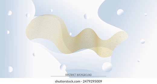 Abstract horizontal rectangular background with light-blue gradient bubbles, spots, gold wave lines. Minimalistic background in light blue colors with circles. Trendy volumetric 3d background design.