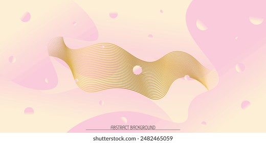 Abstract horizontal rectangular background with pink gradient bubbles, spots and gold wave lines. Minimalistic background in bright pink colors with circles. Trendy volumetric 3d background design.