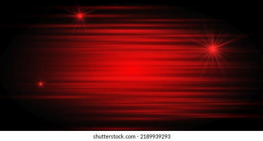 Abstract horizontal red laser beams, lines with dust and sparkles. Isolated on transparent background.