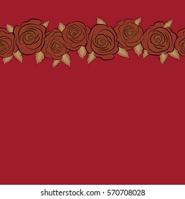 Abstract horizontal red, neutral and brown english roses seamless pattern with copy space (place for your text).