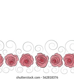 Abstract horizontal seamless background with flying gray and pink roses. Seamless pattern with copy space (place for your text). Vector illustration.