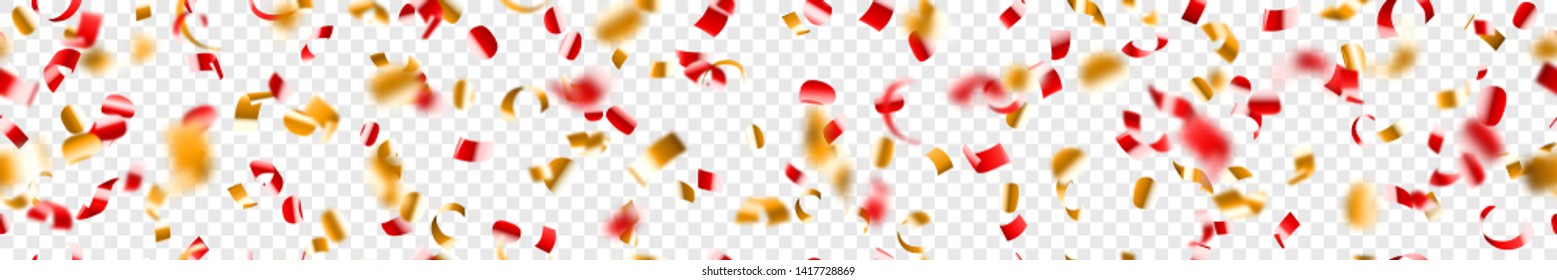 Abstract horizontal seamless banner of flying shiny red and golden confetti and pieces of serpentine, isolated on transparent background