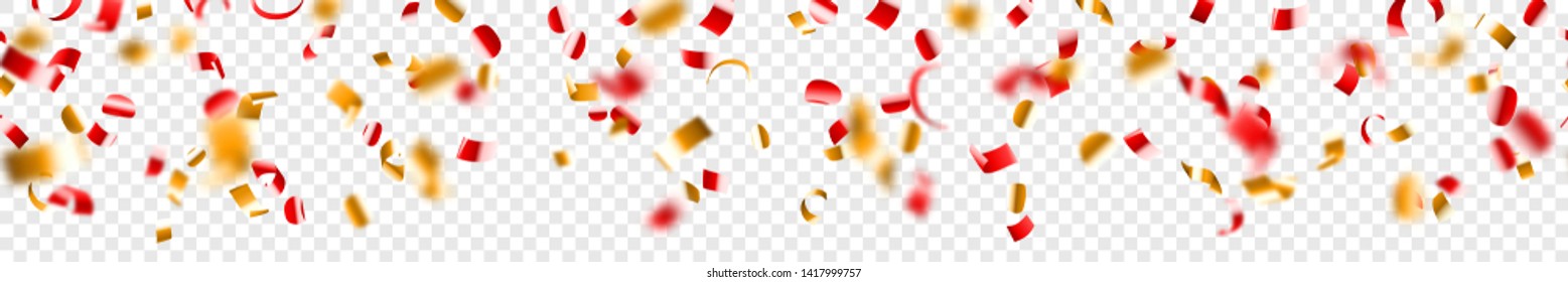 Abstract horizontal seamless banner of flying shiny red and golden confetti and pieces of serpentine, isolated on transparent background