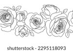 Abstract horizontal seamless pattern with line art roses. Decorative floral element for frame design. Vintage hand drawn flower and bud isolated on white background. Vector stock illustration	