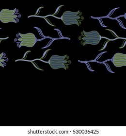 Abstract horizontal seamless pattern in violet, blue and green colors. Vector background illustration. Nature tulip flowers.