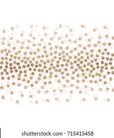 Abstract horizontal stripe with gold glitter and pink circles. 