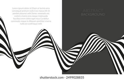 Abstract horizontal striped curved ribbon with black and white lines on dark gray and white background