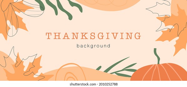 Abstract horizontal Thanksgiving banner template. Trendy minimal background with autumnal leaves, pumpkin and geometric shapes. Vector border with copy space for text in flat style.