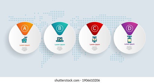 infografías horizontales de línea de tiempo abstractas 4 pasos con un mapa mundial para el fondo de ilustraciones vectoriales de presentación y negocios