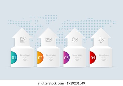 abstract horizontal timeline infographics 4 steps with world map for business and presentation vector illustration background