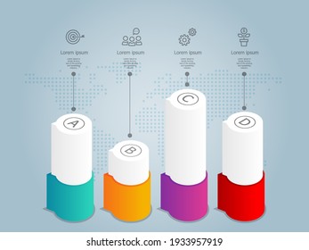 abstrakte horizontale Timeline-Infografiken 4 Schritte mit Weltkarte-Vorlage für Unternehmen und Präsentation, Vektorgrafik-Hintergrund