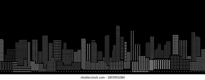 Abstract horizontal vector black and white background of cyberpunk futuristic cityscape night lights.