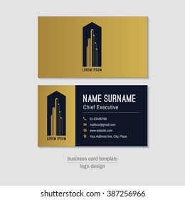 Abstract horizontal vector business card template. Gold, blue business card layout. Corporate business card background. Modern visit card with abstract logo and icons. Vector visiting card. 